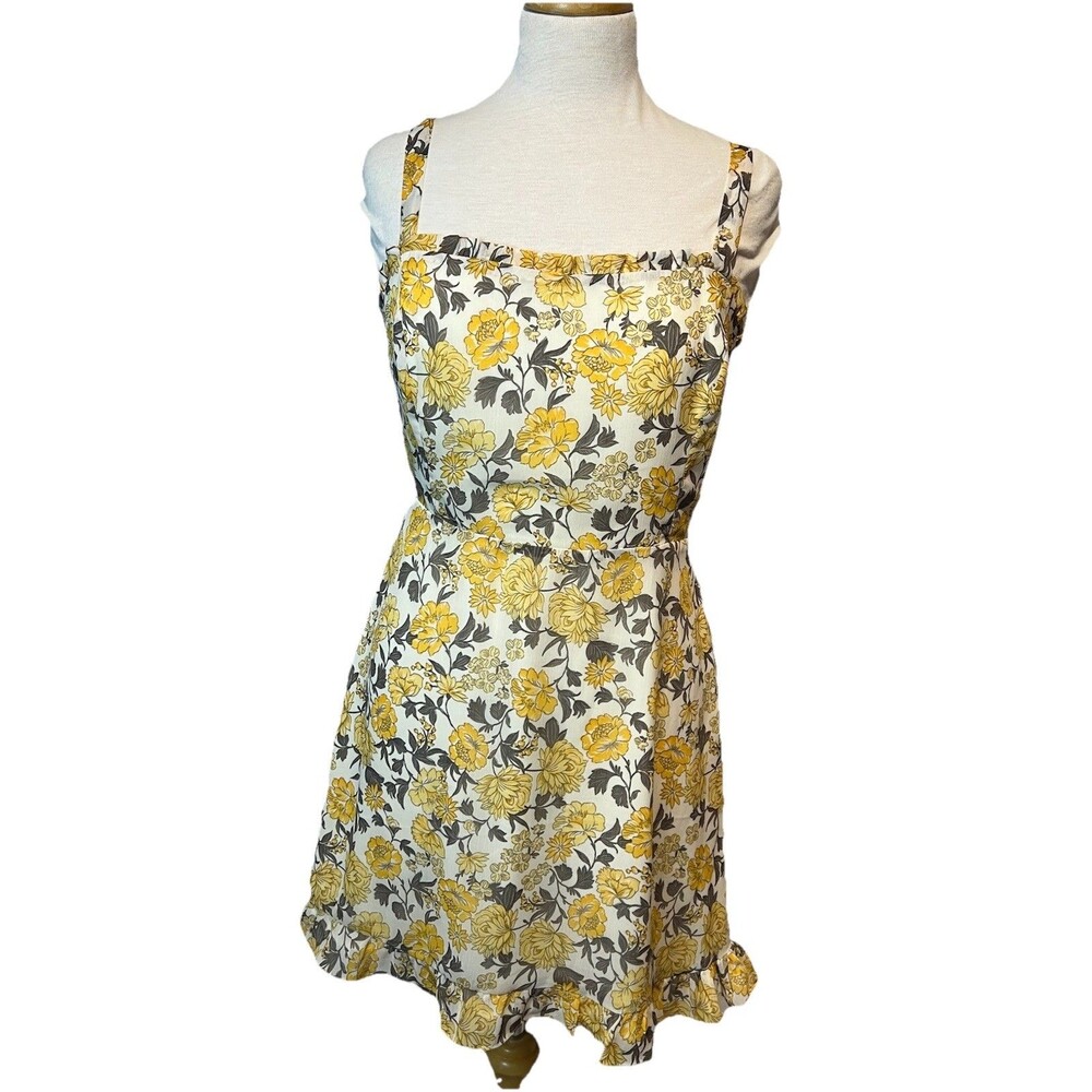 LUSH Ruffle Floral Yellow Mini Dress Short Sleeve 100% Rayon Women L EUC Pretty